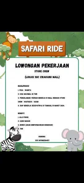 Lowongan Kerja Store Crew Safari Ride / Animal Ride SGC Mall Cikarang