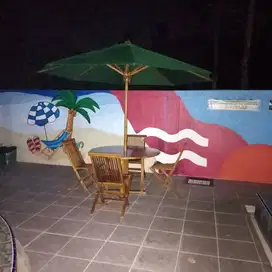tenda jati,meja makan bulat,payung outdoor,kursi cafe,kursi jati