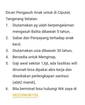 Dibutuhkan Pengasuh Anak menginap di Ciputat