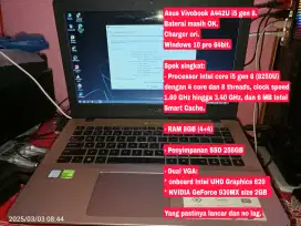 Laptop asus a442u i5 gen8 ram8 ssd256 nvidia