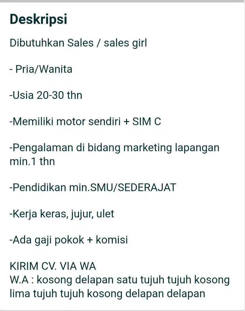 DIBUTUHKAN MARKETING ATAU SALES