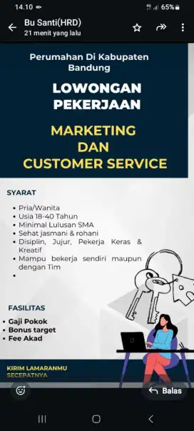 Lowongan kerja marketing dan customer service