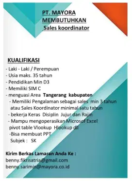 LOWONGAN KERJA SALES KOORDINATOR