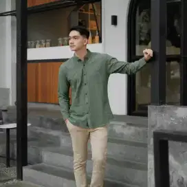 Kemeja Panjang Katun Linen Hijau Army Original by Nsw