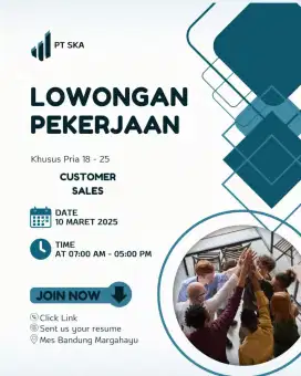 Lowongan pekerjaan CS Sales pria sedia mes umur 18 sd 25 tahun