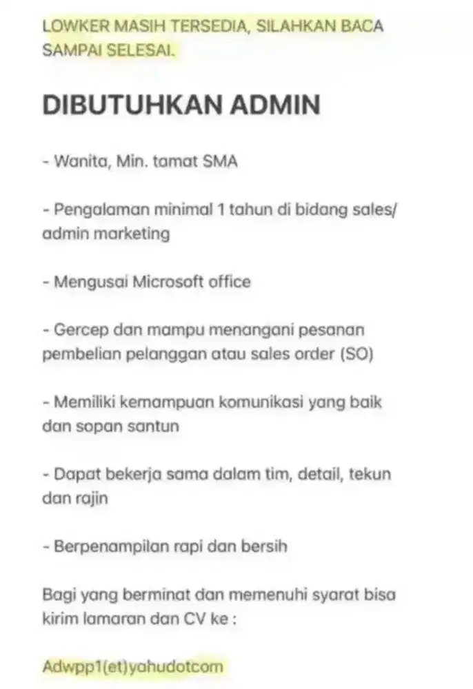 DIBUTUHKAN ADMIN PERKANTORAN