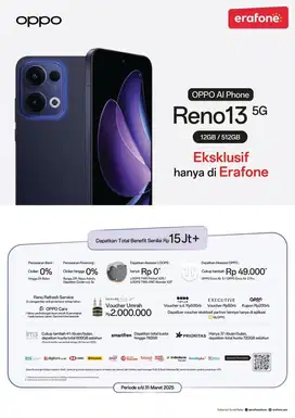 BANYAK PROMO OPPO RENO 13  DENGAN HOMECREDIT KREDIVO.  BISA TANPA DP!