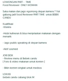 DIBUTUHKAN SEGERA FOOD REVIEWER ( PART TIME JOB )