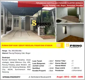 Rumah Cluster Murah Sentraland Paradise Dekat Stasiun Parung Panjang