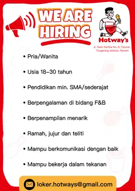 Kitchen Staff / Cook / Helper / Juru Masak - Hotways Ciputat