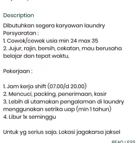 DI BUTUHKAN KARYAWAN LAUNDRY