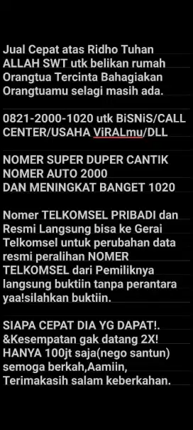 Nomer Telkomsel HOKI&BERKAH 2000-1020.U/PRIBADI,BISNIS/CALLCENTER(NEGO