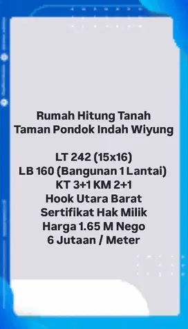 HITUNG TANAH, Rumah Taman Pondok Indah Wiyung Tpi Dkt Babatan