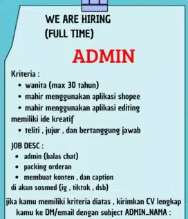 Job vacancy admin dan konten creator online marketplace