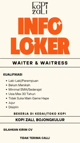 Dibutuhkan Waiter/Waiters di Kopi Zali
