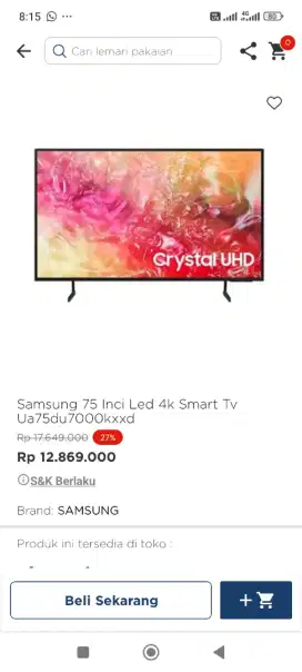 Samsung 75inci Led  4k Smart Tv Du7000