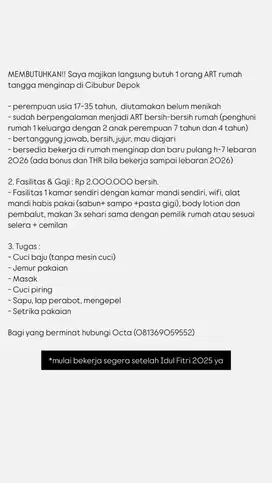 Lowongan ART Menginap