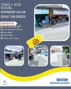 Toko + Kosan Dipertigaan Jalan Raya Ramai Dekat Kampus IPB Bogor