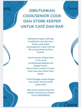 Dibutuhkan Cook/Senior Cook dan Store Keeper untuk Café dan Bar