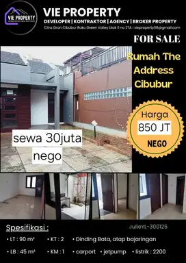DISEWAKAN TURUN HARGA RUMAH RAPI SIAP HUNI DI ADDRESS CIBUBUR