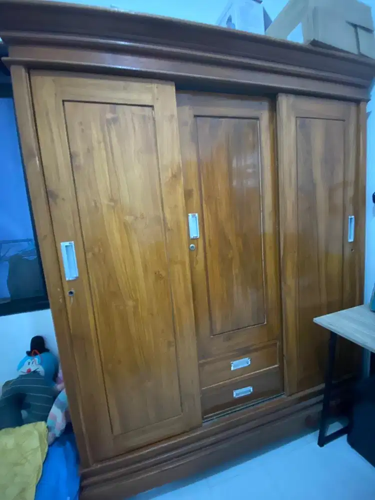 Lemari Sliding 3 pintu Kayu Jati Asli