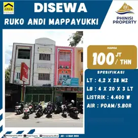 DISEWAKAN RUKO 3 LANTAI LOKASI STRATEGIS DI JALAN ANDI MAPPANYUKKI