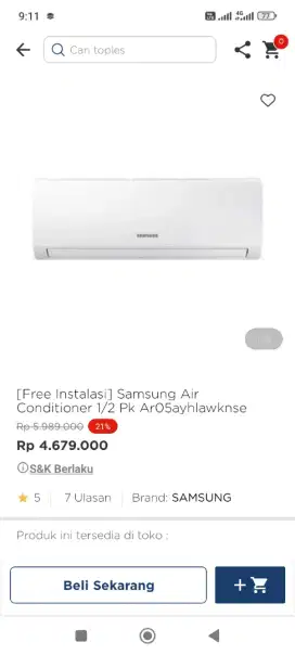 Free instalasi AC samsung 1/2pk Ar05ay