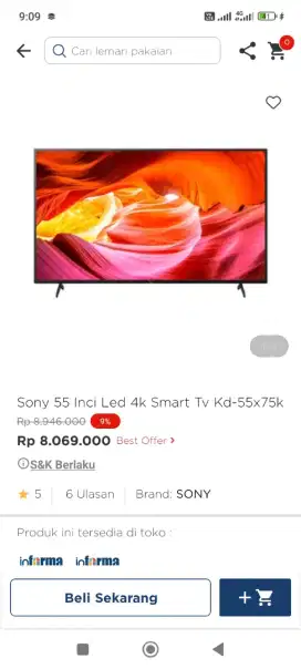 Sony 55inci Led 4k Smart Tv kd-55x75x