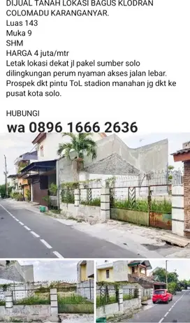 Dijual tanah di klodran colomadu jl pakel