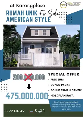 PROMO TERBATAS! Rumah Indent American Style Karangploso FREE SHM