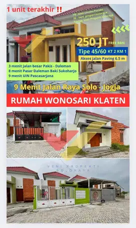 JUAL RUMAH WONOSARI KLATEN 5 KM KAMPUS UIN PASCASARJANA SOLO