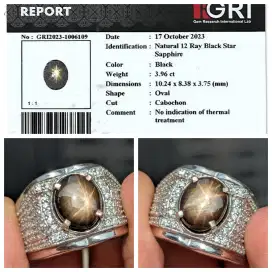 natural 12 rays black safir NTE 3.96 cts ring perak memo GRI lab