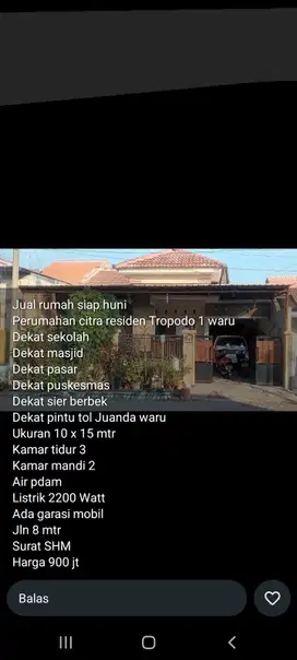Rumah luas 150 m2 harga 900 juta di Tropodo, Waru, Sidoarjo