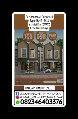 Rmh Perintis 3 Type 48/44 4X11 2 lantai Kmr 2 WC 2 Promo Rp.  598 JT