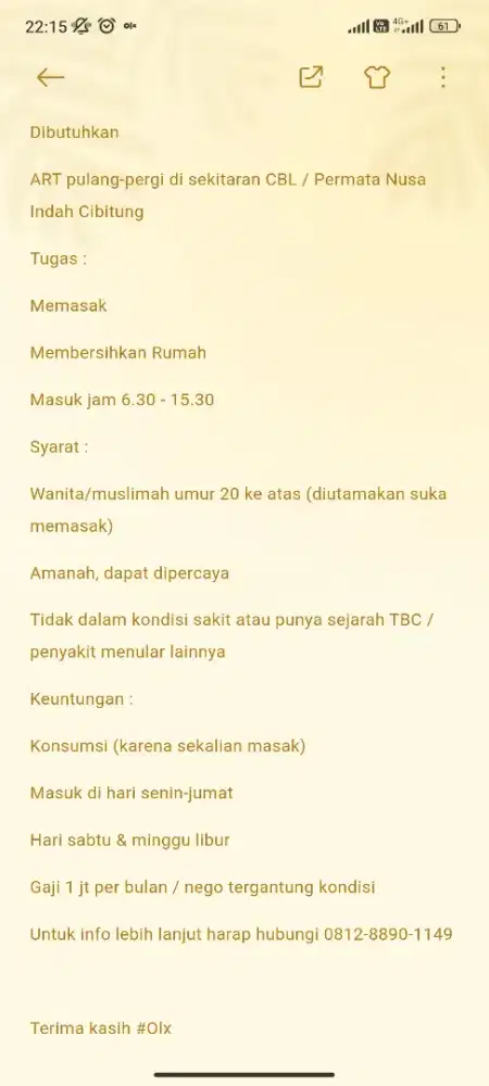 Dibutuhkan ART pulang-pergi sekitar CBL Permata Nusa Indah Cibitung