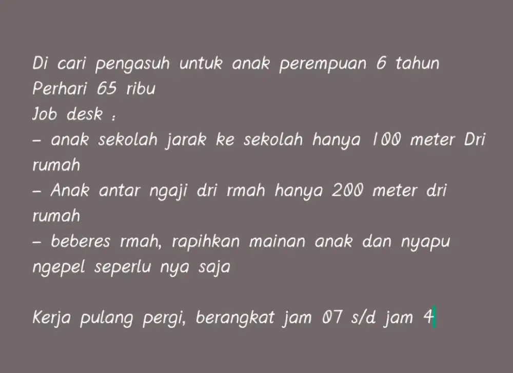 Di cari pengasuh anak 6 tahun