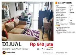 Dijual Apartemen 2BR Full Furnished  SHMSRS Murah di Bintaro