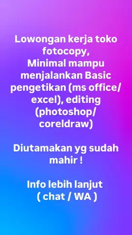 Lowongan kerja toko fotocopy