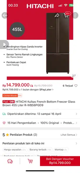Kulkas HITACHI REFRIGERATOR R-WB56 PGD9-GBK