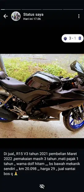 R15,dijual R15 V3 Dove Hitam Tahun 2021