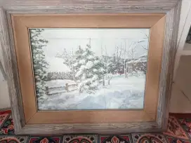 Lukisan Tema Hujan Salju, sudah frame 55x45 cm, COD Cijantung Dsk