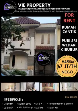 HANYA 5 MENIT KE TOL DISEWAKAN MURAH, RUMAH  DI PURI SRIWEDARI CIBUBUR
