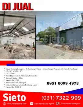 Dijual Cepat Gudang Baru Jl. Rembang Selatan - Lokasi Sangat Strategis