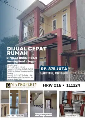 DIJUAL CEPAT 
(lagi BU)  di Villa Nusa Indah, Gunung Putri - BOGOR