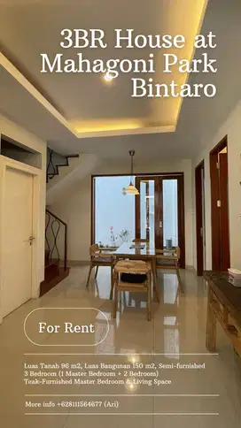 Disewakan 3BR House at Mahagoni Park Graha Bintaro