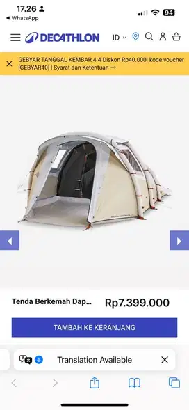 Tenda Berkemah Dapat Dipompa Air Seconds 4.1 F&B 4 Orang 1 Kamar