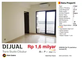 Dijual Apartemen 3BR Semi Furnish Dekat Mall di Transpark Cibubur