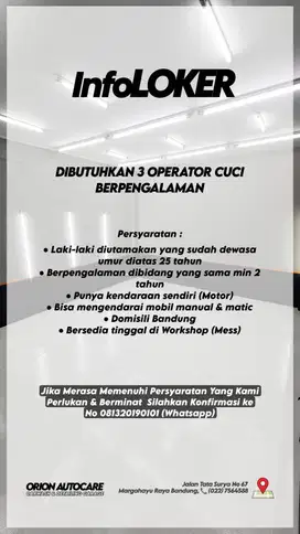 Dibutuhkan OPERATOR CUCI MOBIL