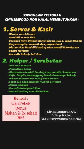 Lowongan Kerja Server Kasir Asisten Helper Restoran Chinese Food