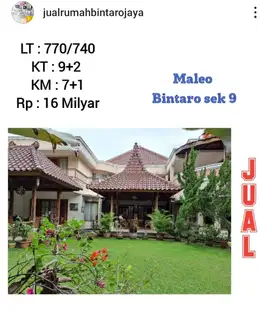 jual rumah etnik maleo Bintaro sektor 9 direct pemilik langsung owner